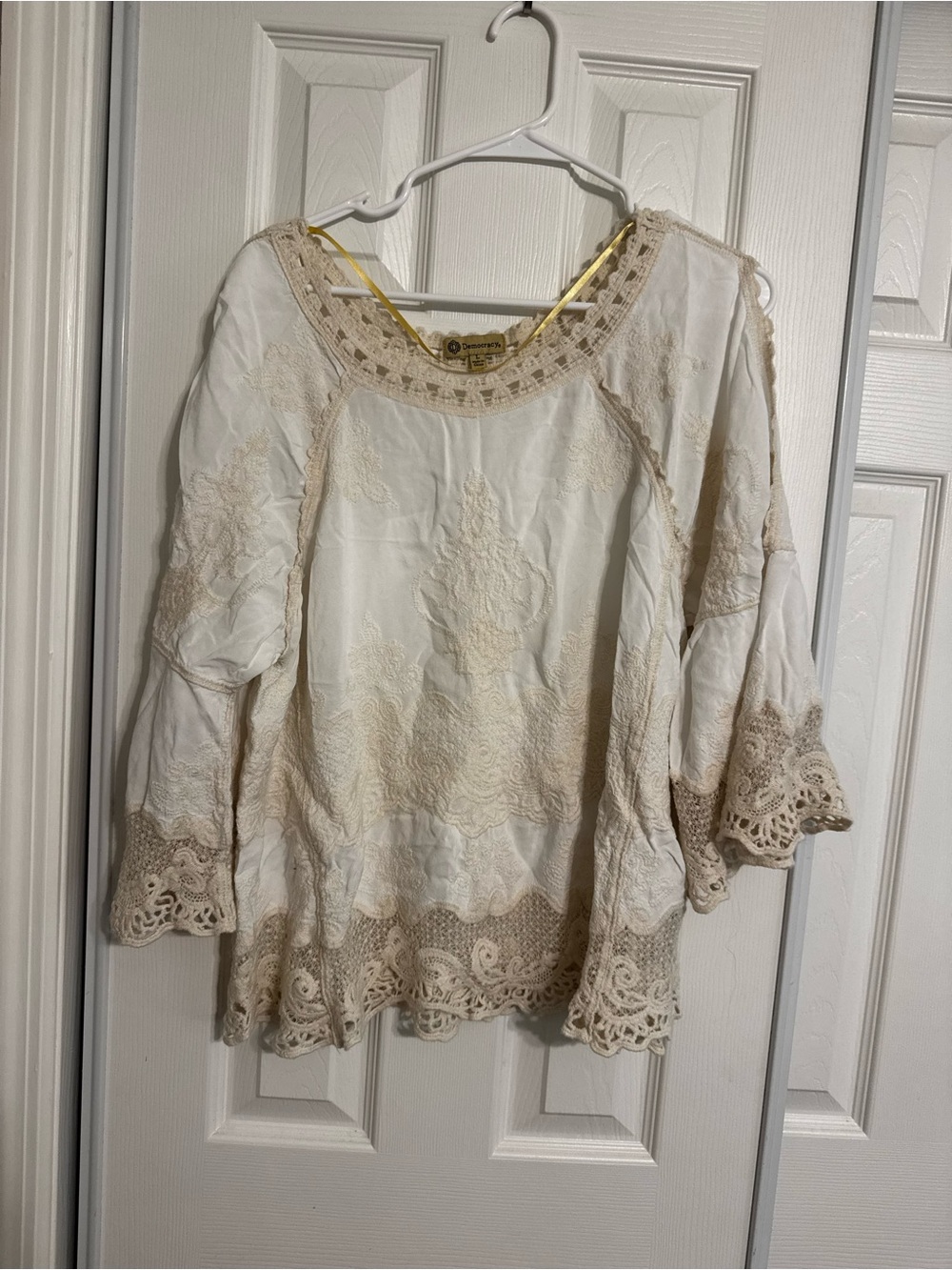 Democracy Cream and Beige Crochet Trim Boho Blouse